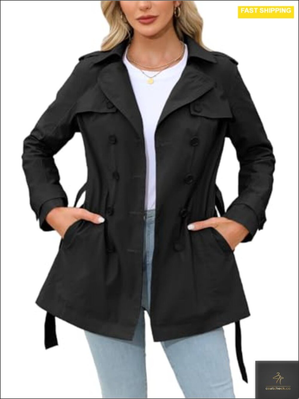 Women's Double-Breasted Trench Coat Polyester Water-Resistant Adjustable Belt